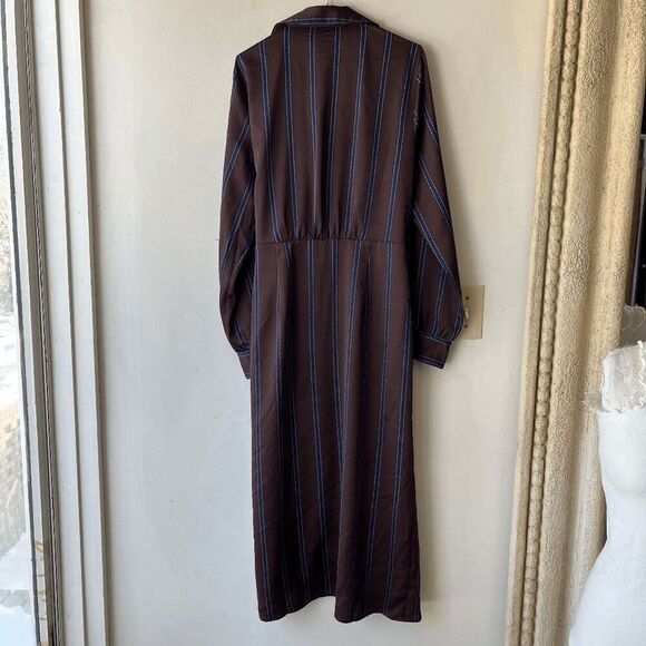 LOFT Brown Satin Striped Wrap Midi Dress w/ Waist Tie, Collared, Size M - Picture 3 of 12